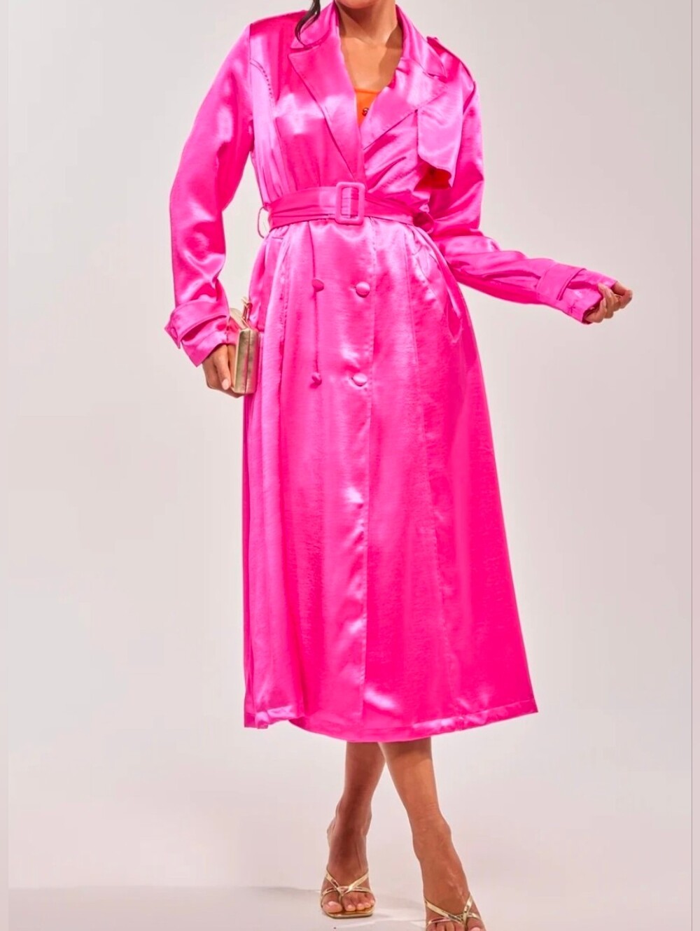 Hot Pink Satin Long Trench Dress Sz Xl